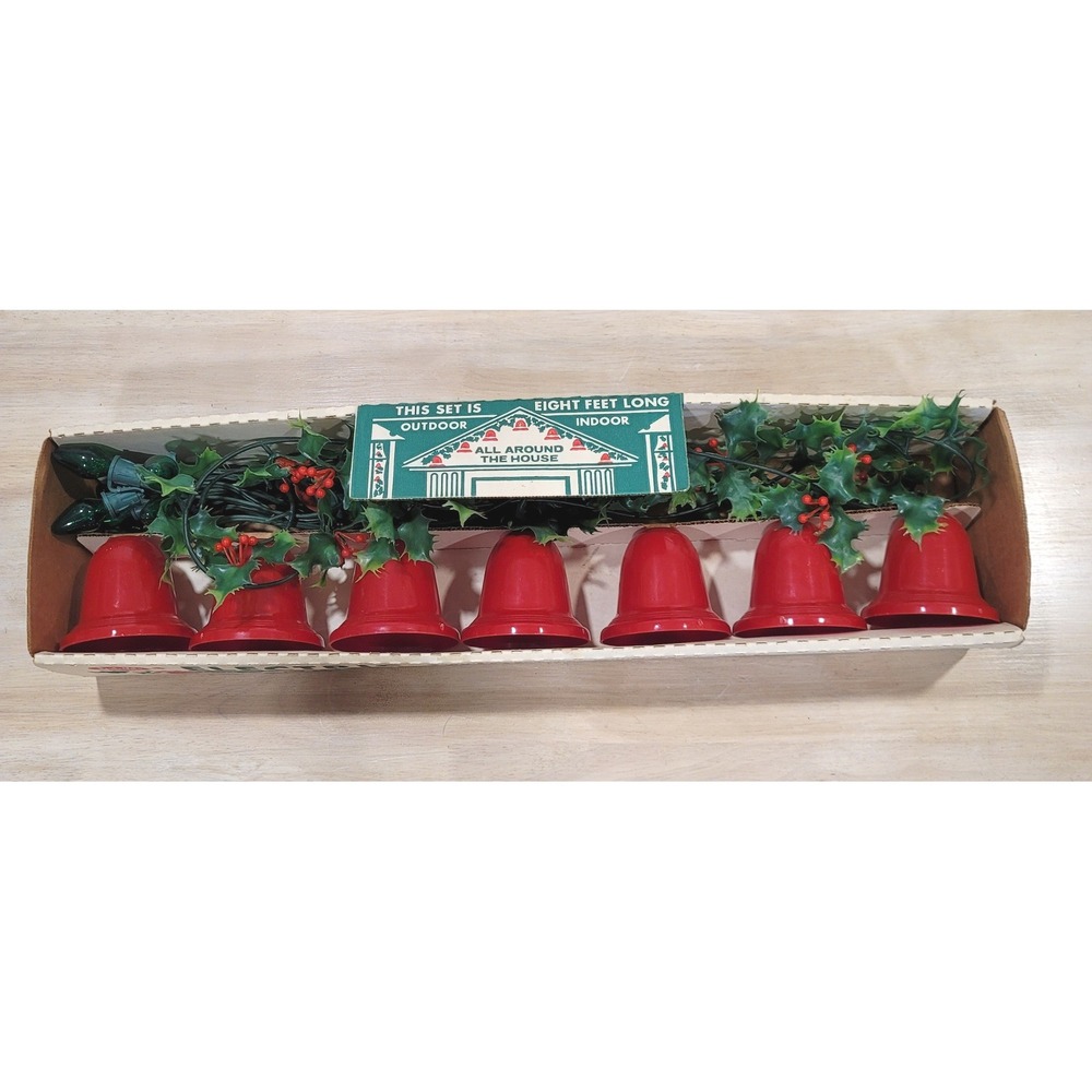 Vintage Yule Glo Electric Twinkling Bell Set Holly Garland Red Bells Christmas